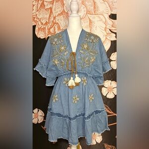 Boho Embroidered Chambray Blue Dress with Tassel Tie